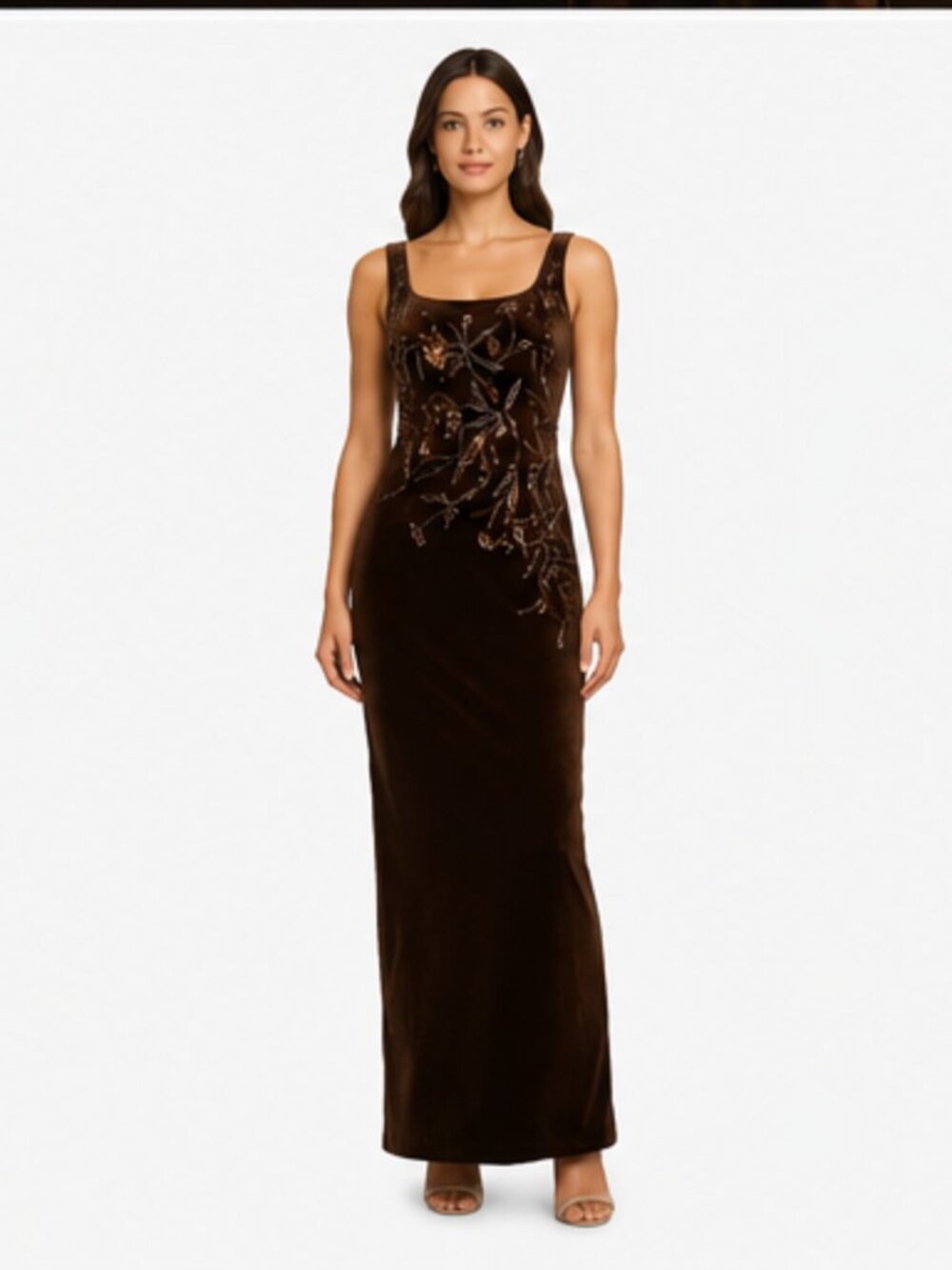 Adrianna Papell Velvet Beaded Maxi Dress Espresso Size 14 NWT